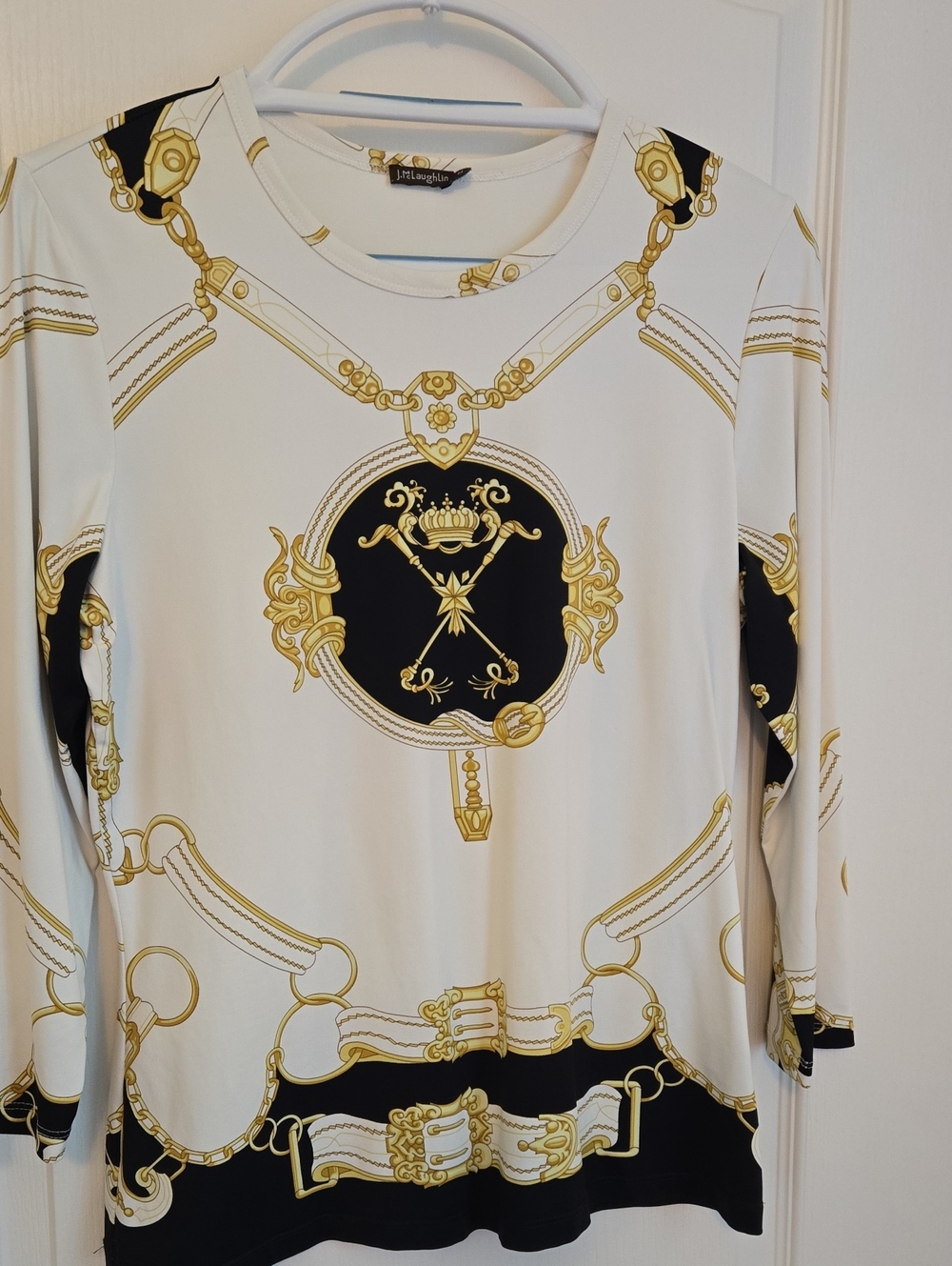 Elegant Chain-Print Long Sleeve Top - White/Gold/Black